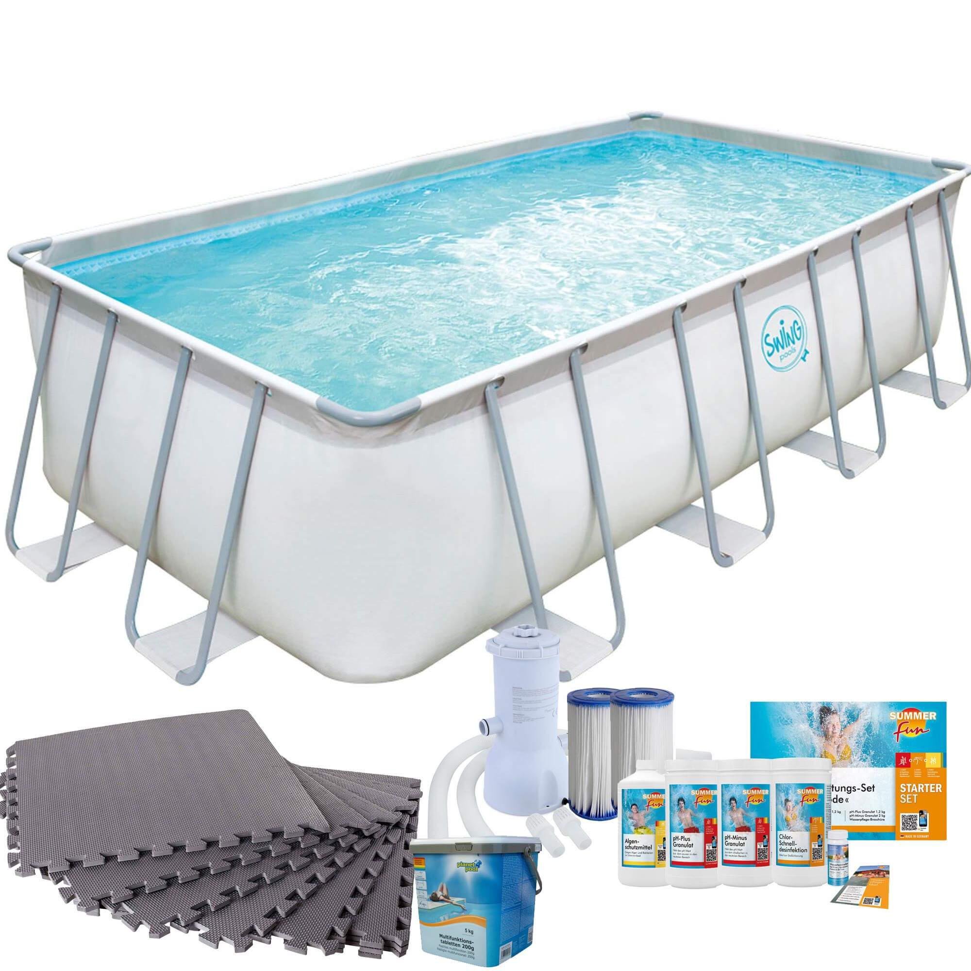 Polygroup Summer Waves Frame Pool mit Kartuschenfilter, Bodenschutzmatten grau und Starter Set Wasserpflege